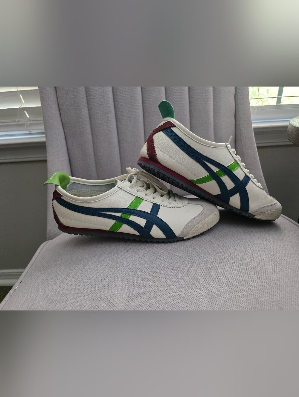 Onitsuka Tiger by Asics White Sneakers with Navy & Green Stripes Used, Size 9.5. - Picture 3 of 13